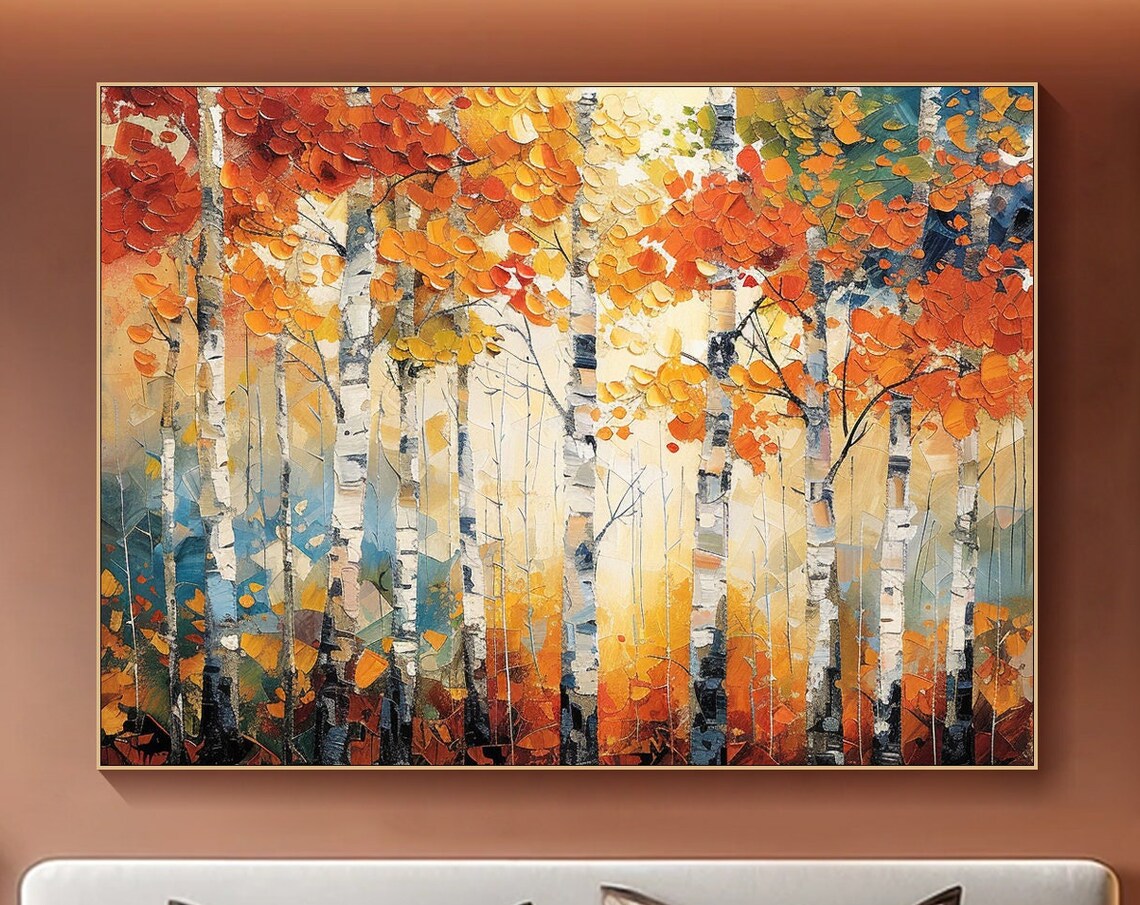 Autumn Birch Trees Wall Art Print, Textured Fall Forest