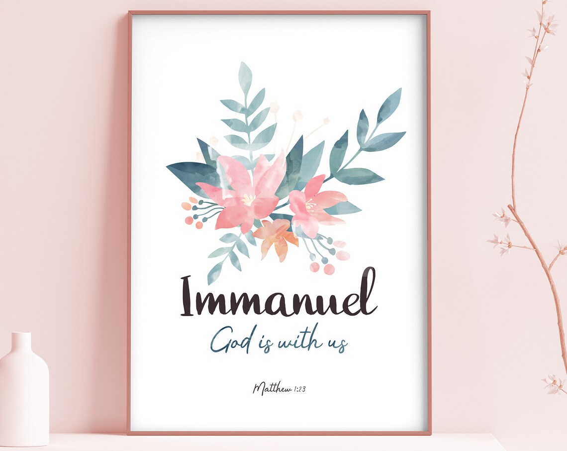 Immanuel God Is With Us Matthew 1:23 Pink Floral Watercolor Wall Art