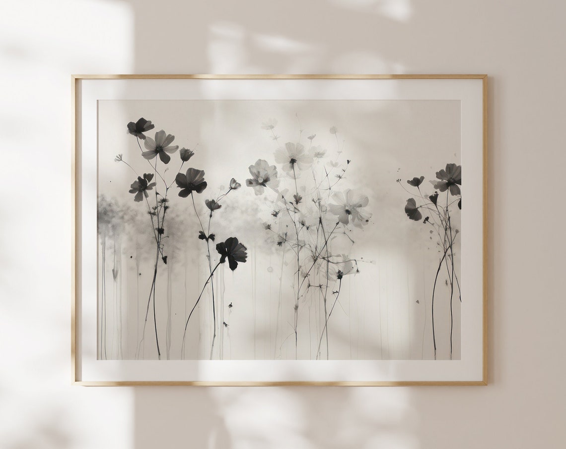 Black Floral Botanical Poster Neutral Ink Wildflower Wall Decor