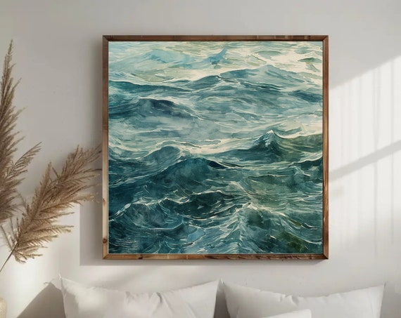 Oceans Surface Watercolor Painting Framed Print Blue Green Gray Coastal And Modern Decor Ready To Hang Living Room Or Bedroom
