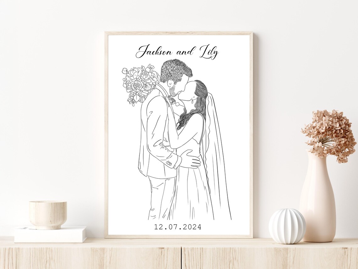 Custom One-Line Wedding Couple Portrait Art Print - Image 2