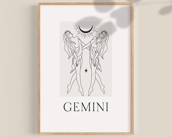 Gemini Zodiac Twin Women Under Crescent Moon Line Art Poster
