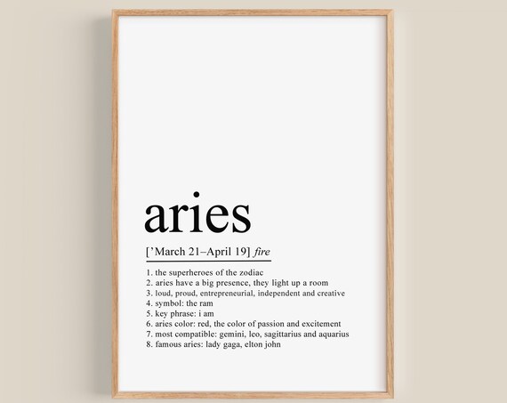 Aries Zodiac Definition Typography Astrology Star Sign Poster