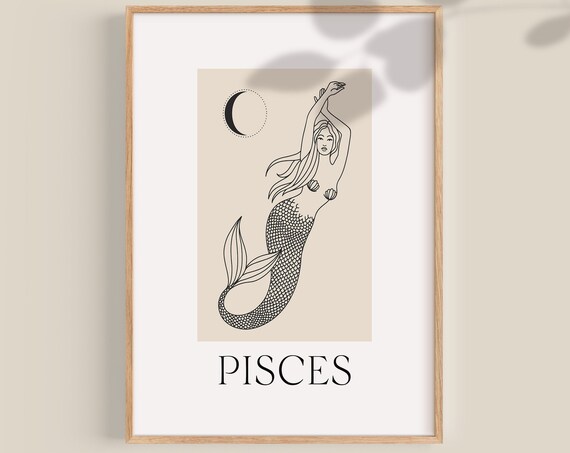 Pisces Zodiac Mermaid Line Art Minimalist Moon Astrology Poster
