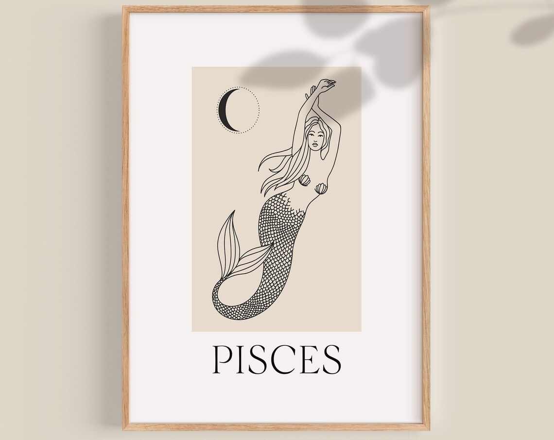Pisces Zodiac Mermaid Line Art Minimalist Moon Astrology Poster
