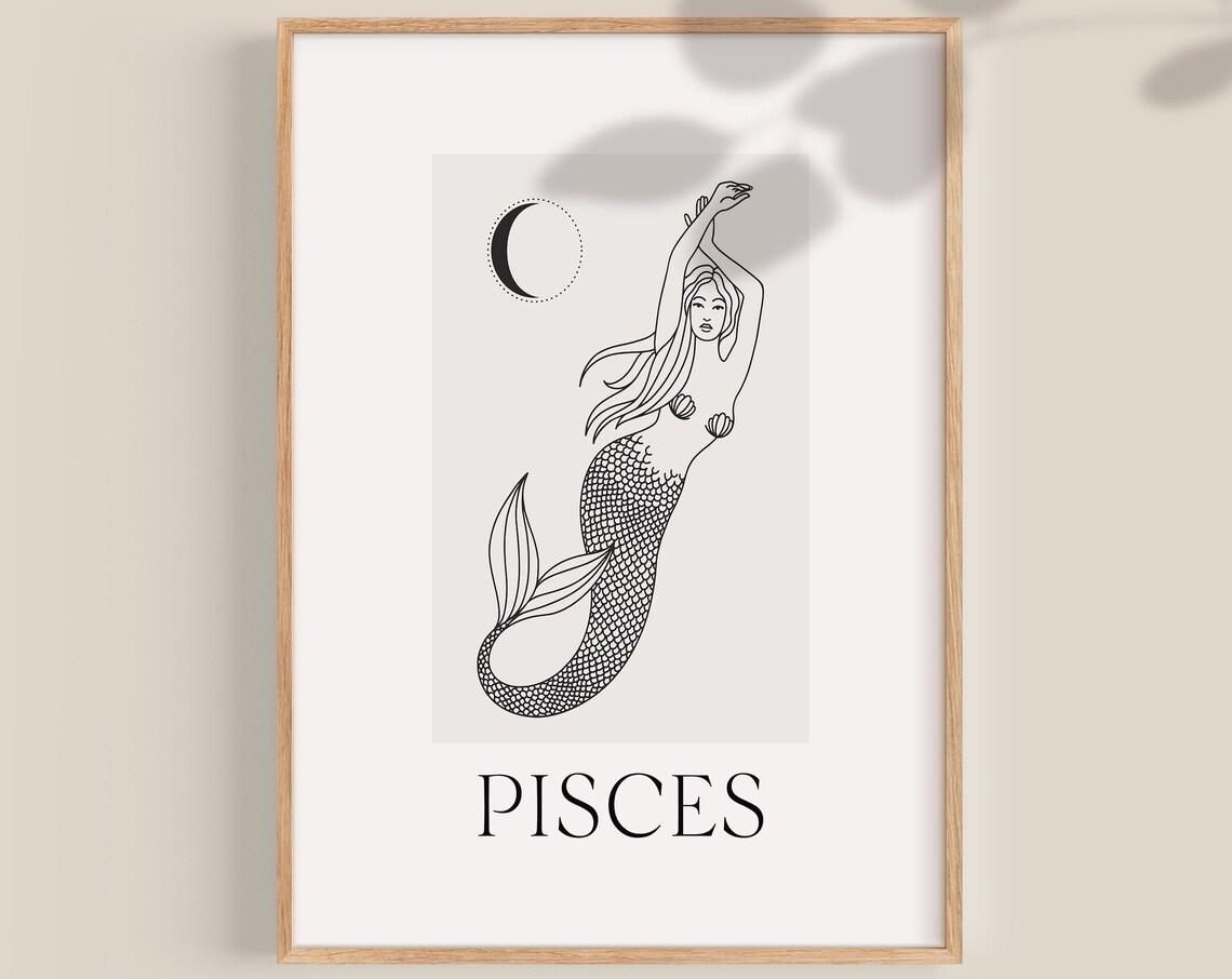 Pisces Zodiac Mermaid Line Art Minimalist Moon Astrology Poster - Image 2
