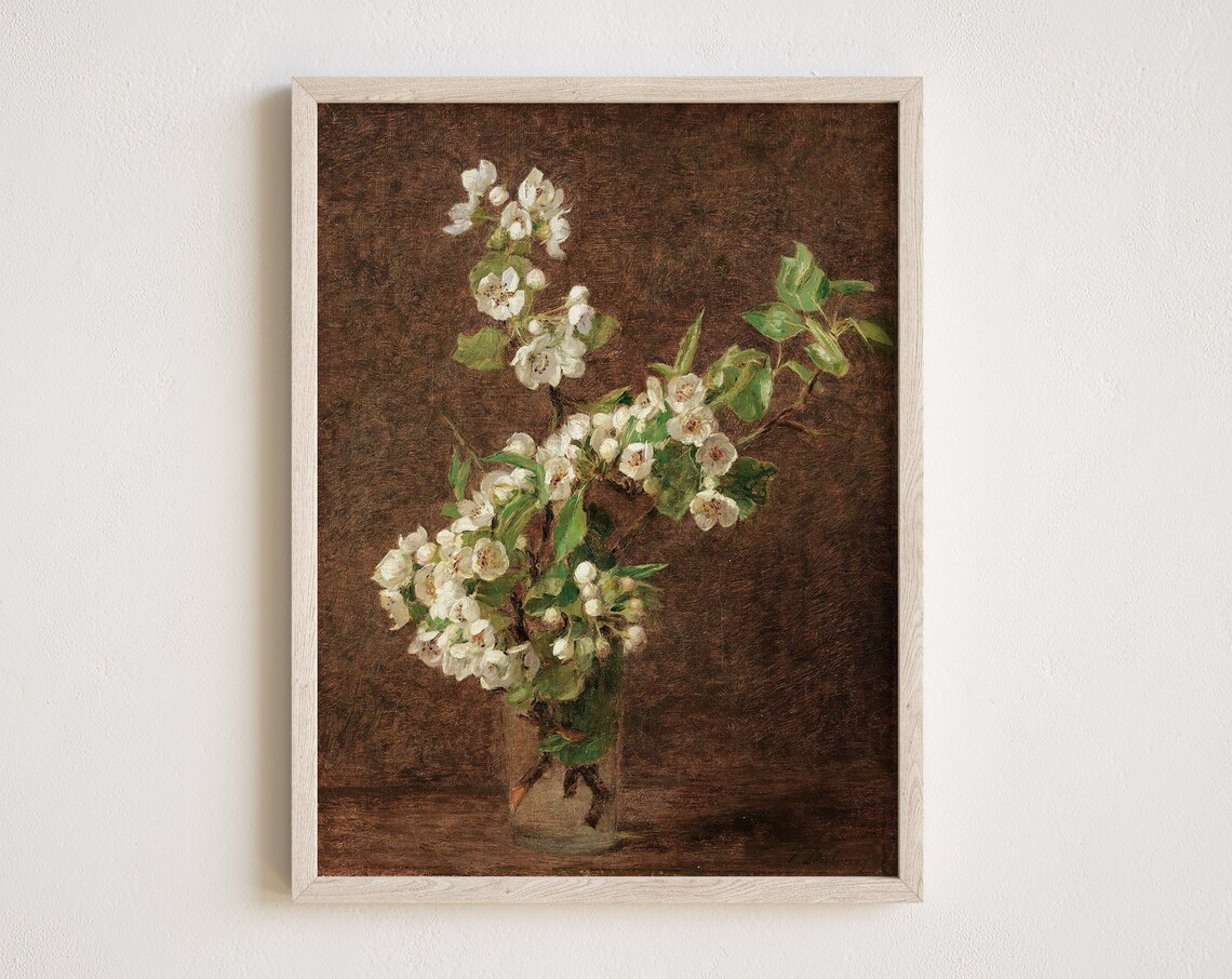White Apple Blossom Vintage Floral Still Life Oil Painting Poster
