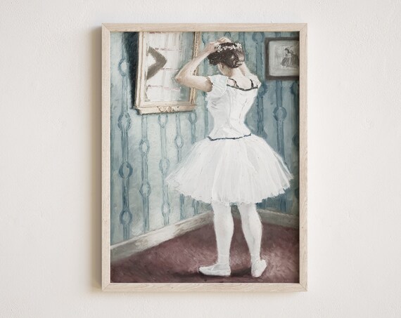 Vintage Ballerina Oil Painting Poster Dancer In White Tutu Mirror Scene