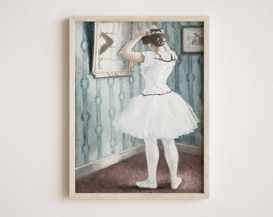 Vintage Ballerina Oil Painting Poster Dancer In White Tutu Mirror Scene
