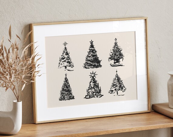 Six Black Ink Christmas Tree Sketches Minimalist Modern Holiday Art Poster