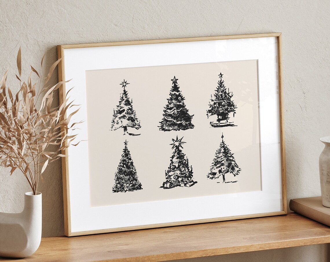 Six Black Ink Christmas Tree Sketches Minimalist Modern Holiday Art Poster