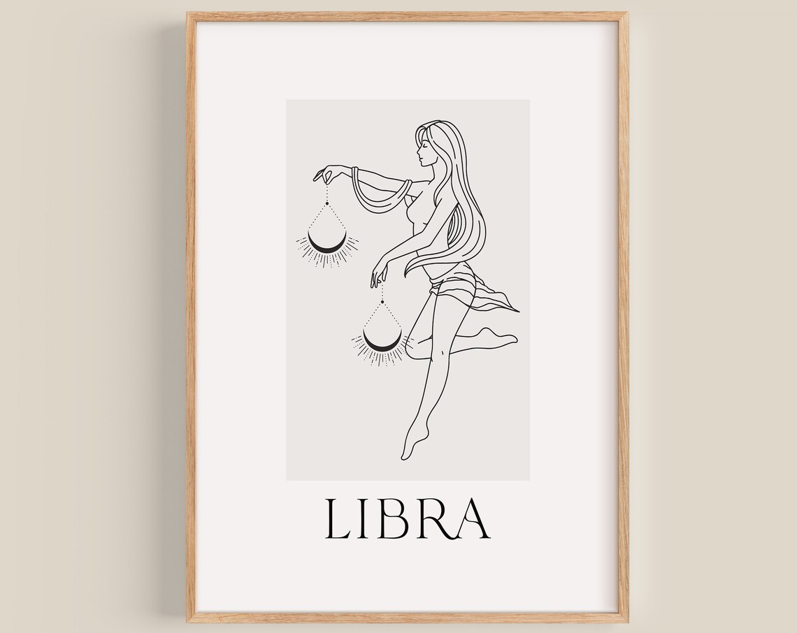 Libra Zodiac Woman Holding Moon Scales Minimal Line Art Poster