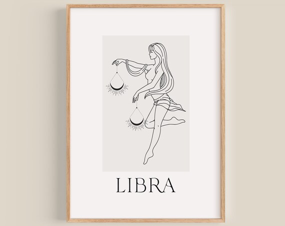 Libra Zodiac Woman Holding Moon Scales Minimal Line Art Poster