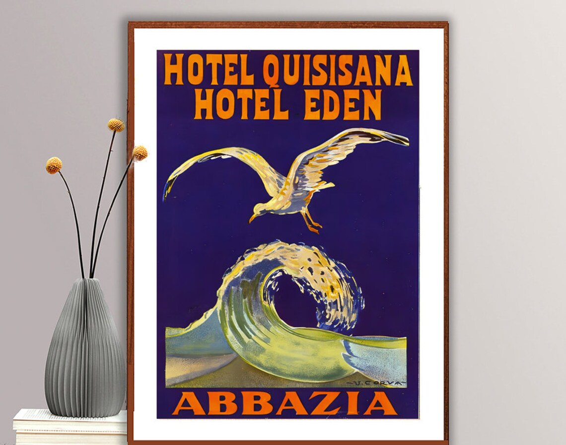 Hotel Quisisana Eden Abbazia Art Deco Seagull Wave Vintage Poster