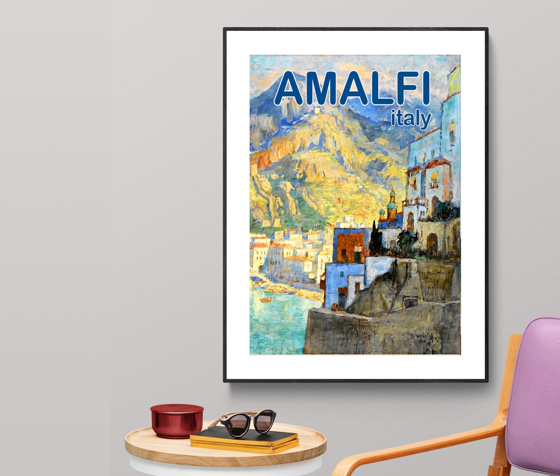 Amalfi Italy Vintage Coastal Travel Poster Cliff Town Painting