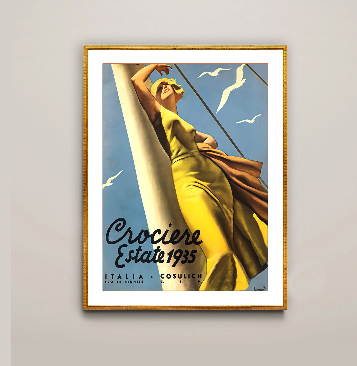 Cosulich Crociere Estate 1935 Yellow Dress Ship Mast Vintage Poster - Image 3