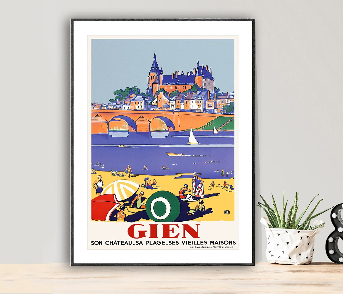 Gien Vintage French Travel Poster Chateau Bridge Beach and Old Houses