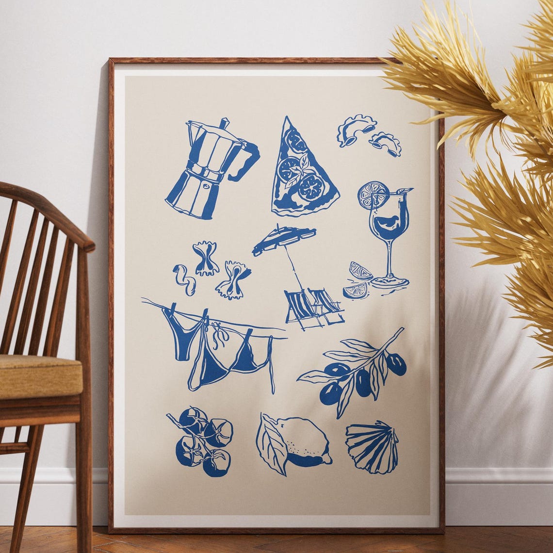 Italian Summer Kitchen Blue Line Food Illustration Art Poster