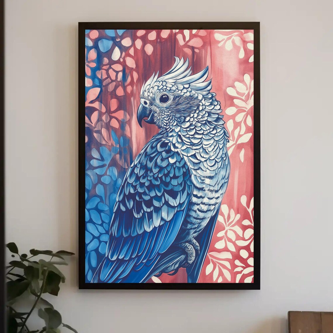 Australian Cockatoo with Vivid Blue Feathers on Red Foliage Poster - Image 3