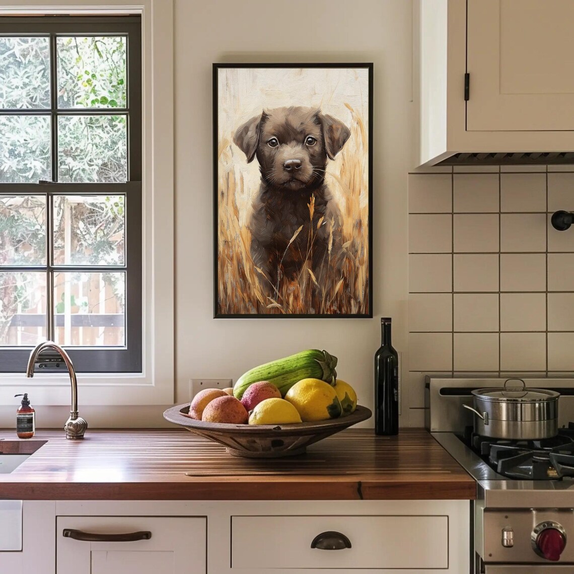 Black Puppy Sitting in a Golden Wheat Field Realistic Painting Poster - Image 3