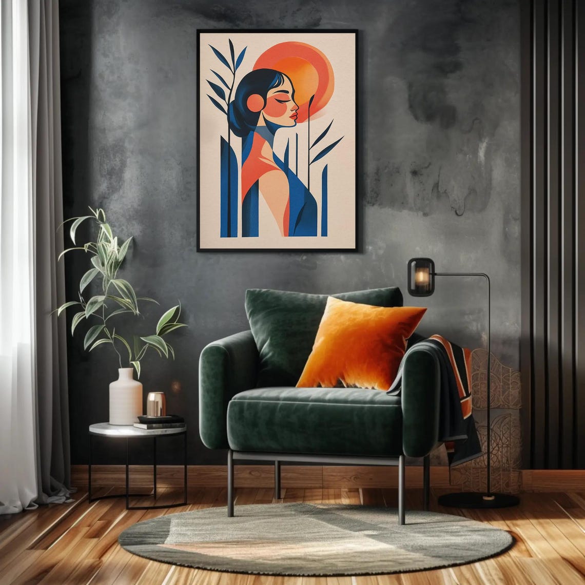 Mid Century Woman with Orange Sun and Blue Leaves Elegant Poster - Image 2