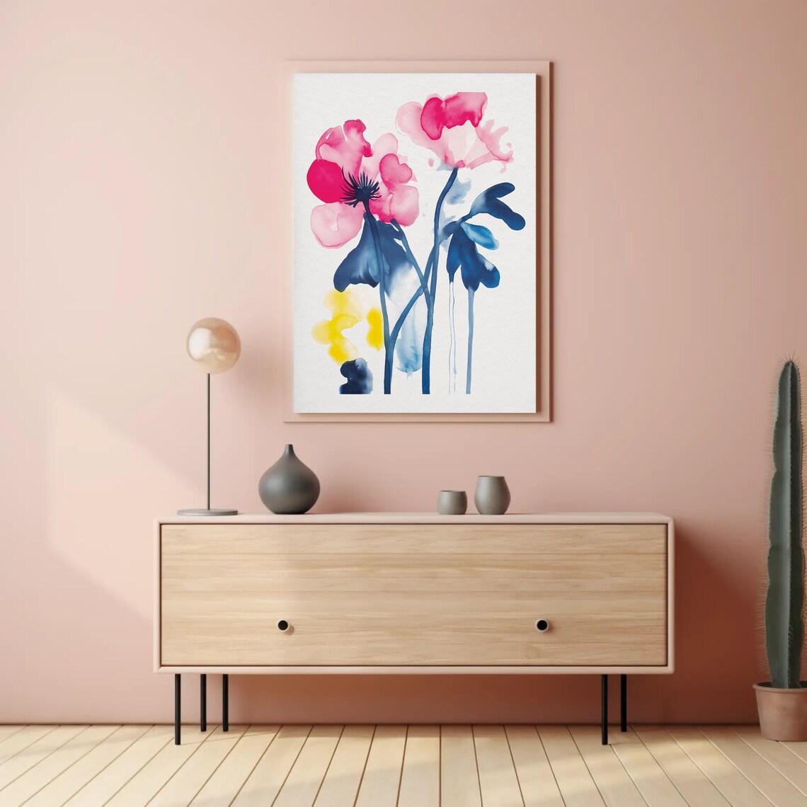 Pink Poppies Watercolor with Blue Stems Botanical Art Poster - Image 4