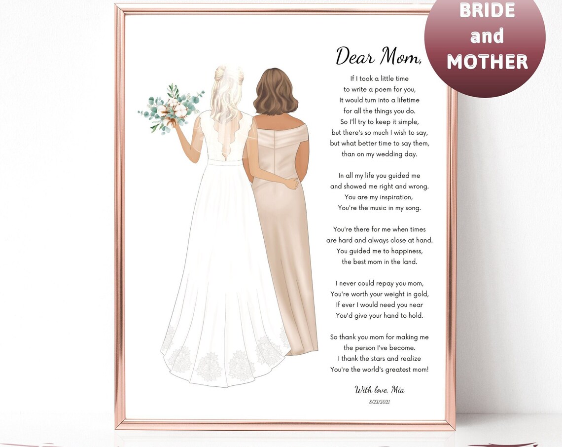 Dear Mom Bride and Mother Satin Gown Wedding Poem Tribute Gift Poster
