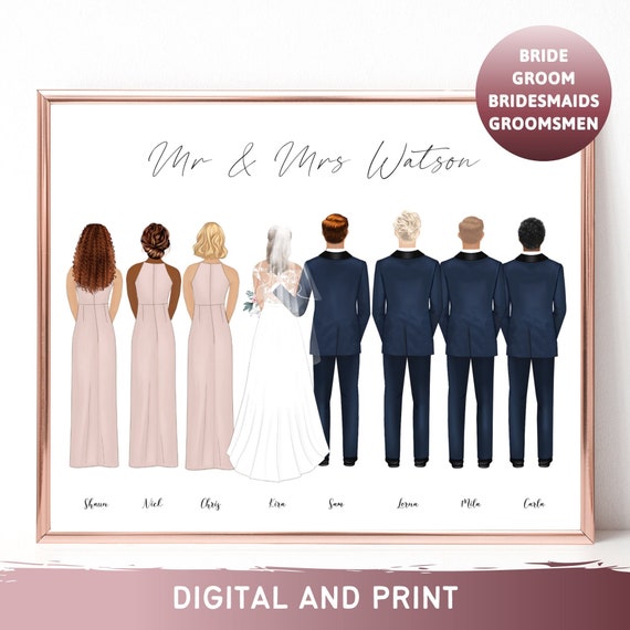 Mr and Mrs Watson Bridal Party Portrait Poster Bridesmaids Groomsmen Gift