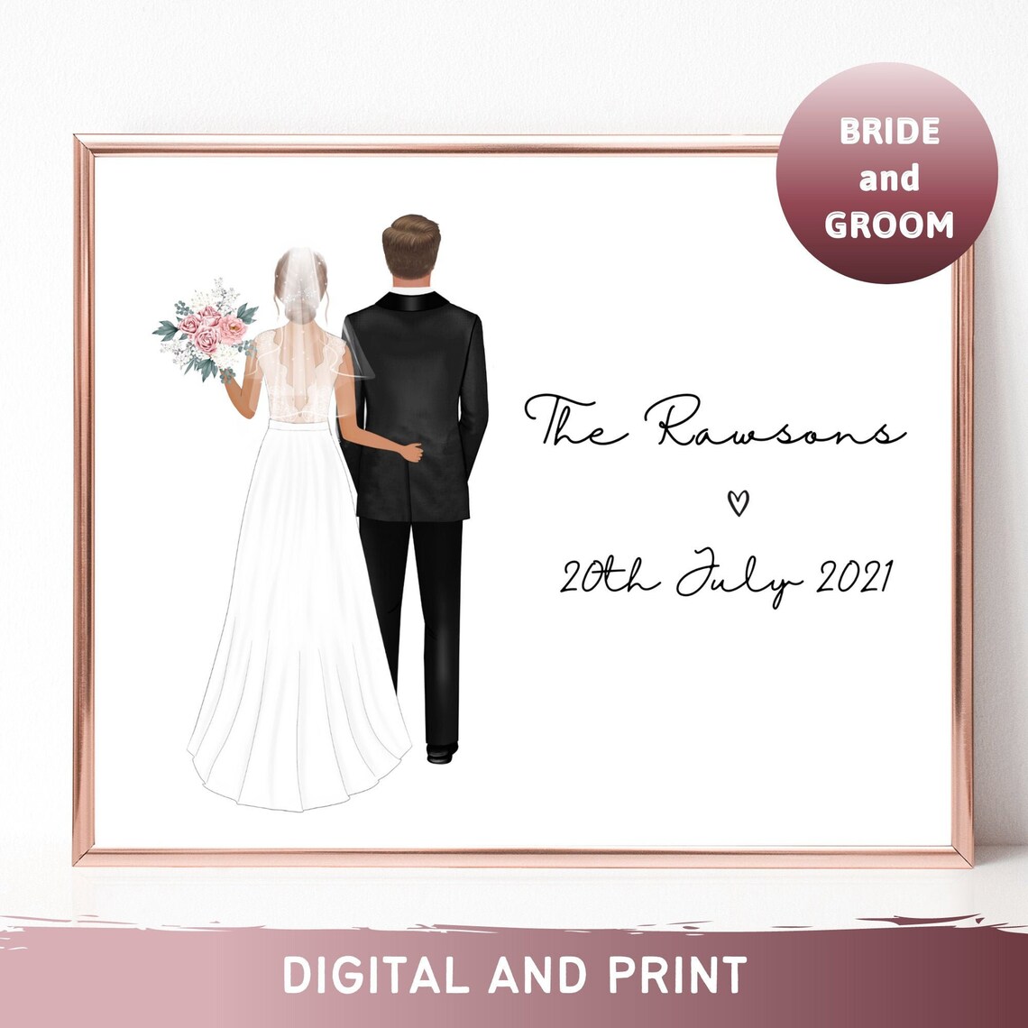 Bride and Groom Custom Wedding Day Portrait Gift Keepsake Poster