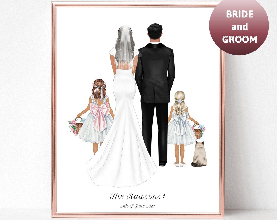 Bride And Groom With Two Flower Girls And Cat Family Gift Poster