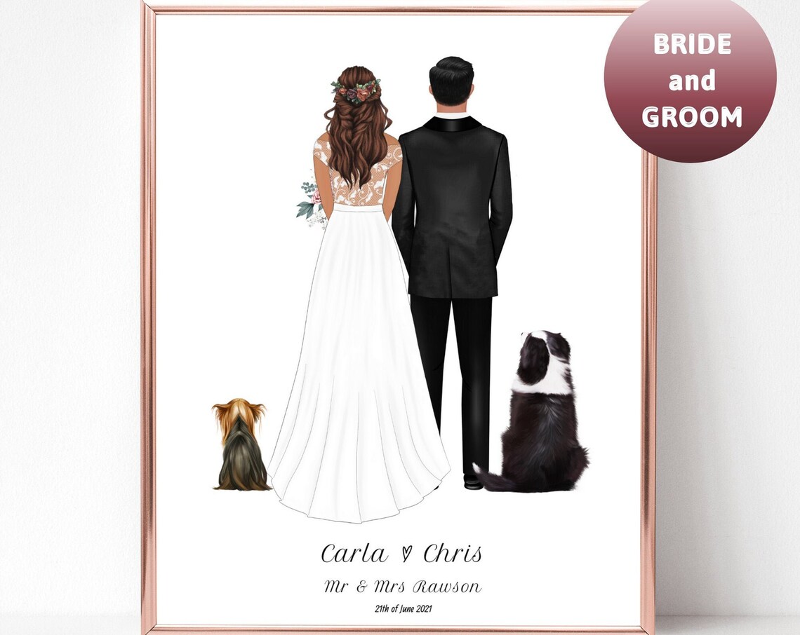 Bride And Groom Wedding Portrait With Two Dogs Carla Chris Poster