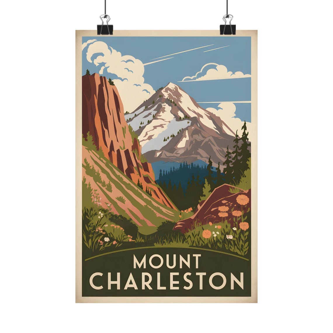 Mount Charleston Snow Capped Peak Wildflowers Vintage Travel Poster