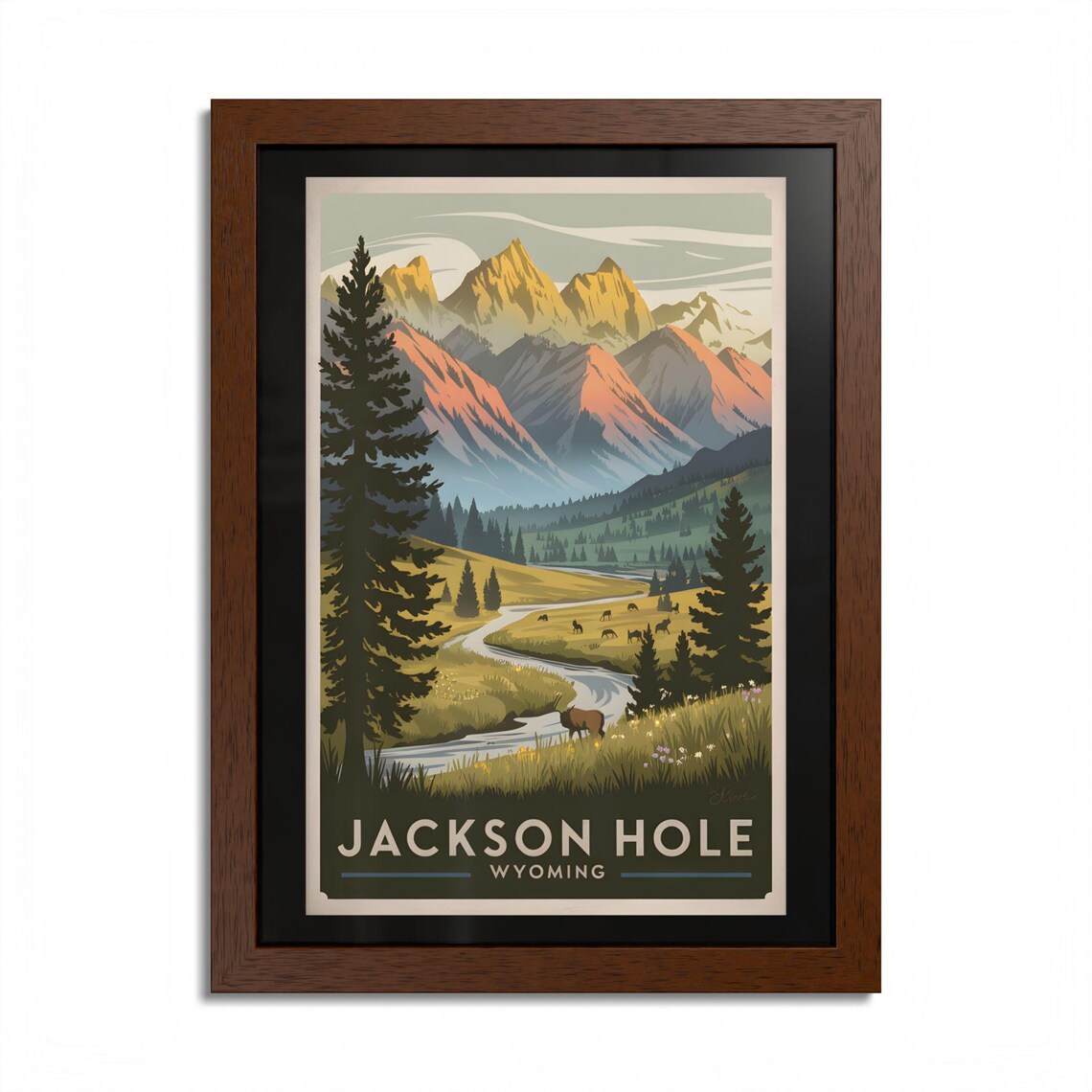 Jackson Hole Wyoming Vintage Travel Mountain Valley Wildlife Poster