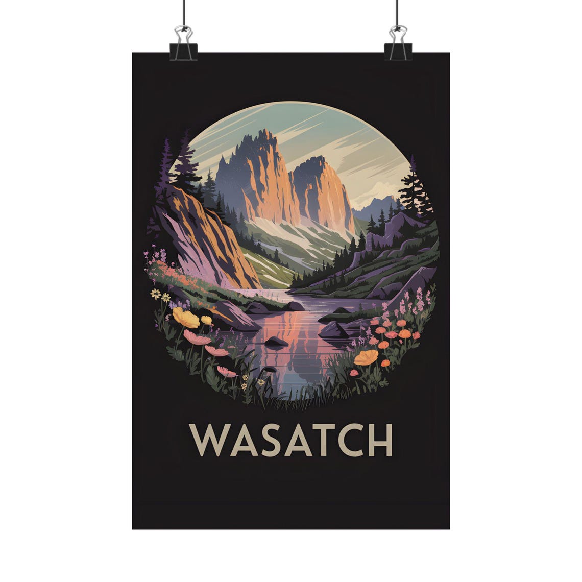 Wasatch Mountain Alpine Lake Wildflowers Vintage Style Travel Poster