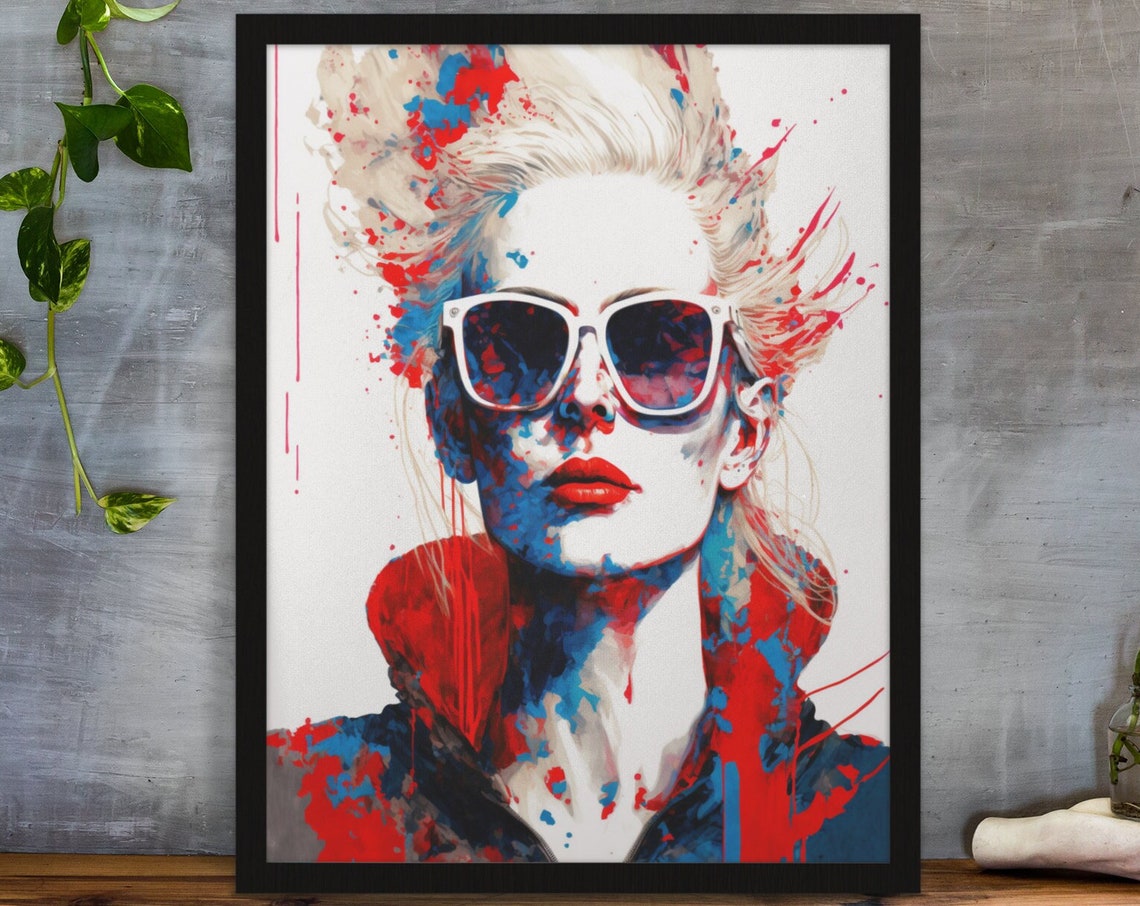 Woman Sunglasses Red Blue Splash Paint Bold Fashion Portrait Poster