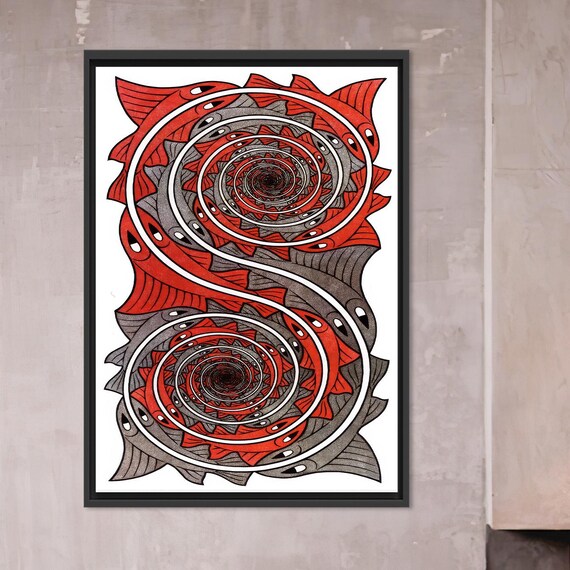 Escher Whirlpool Red Fish Spiral Optical Illusion Classic Art Poster