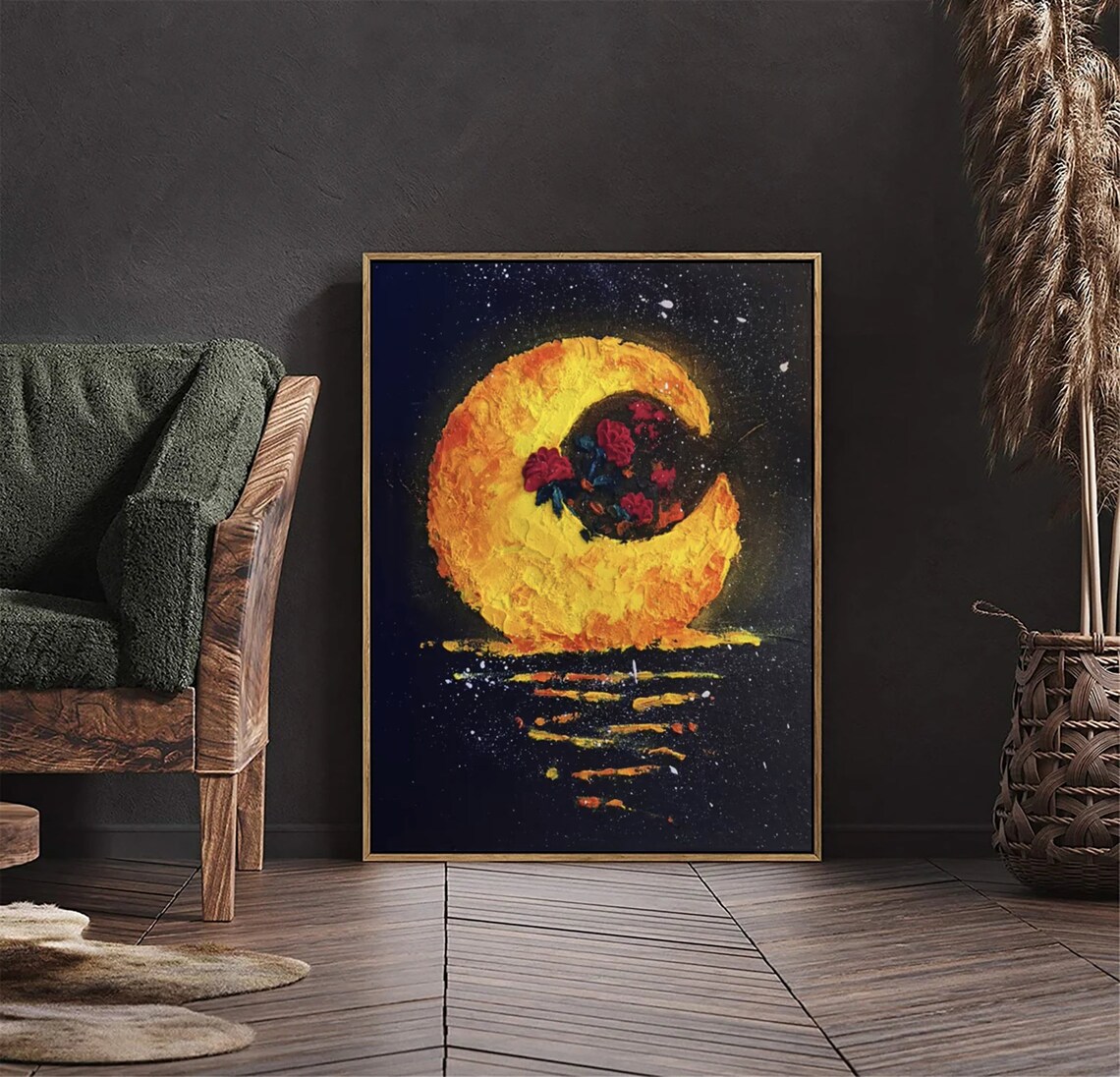 Golden Crescent Moon Roses Night Sky Textured Oil Painting Poster - Image 4