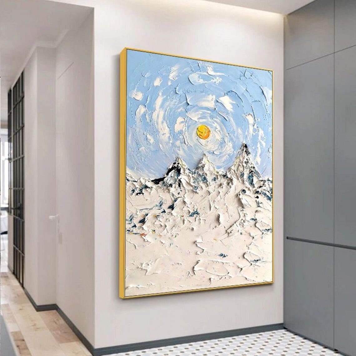 Snow Mountain Yellow Sun Impasto Blue Sky Winter Landscape Art Poster - Image 3