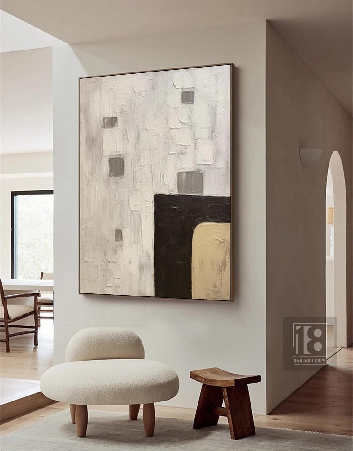 Scattered Gray Squares With Black Block on Pale Abstract Poster - Image 2