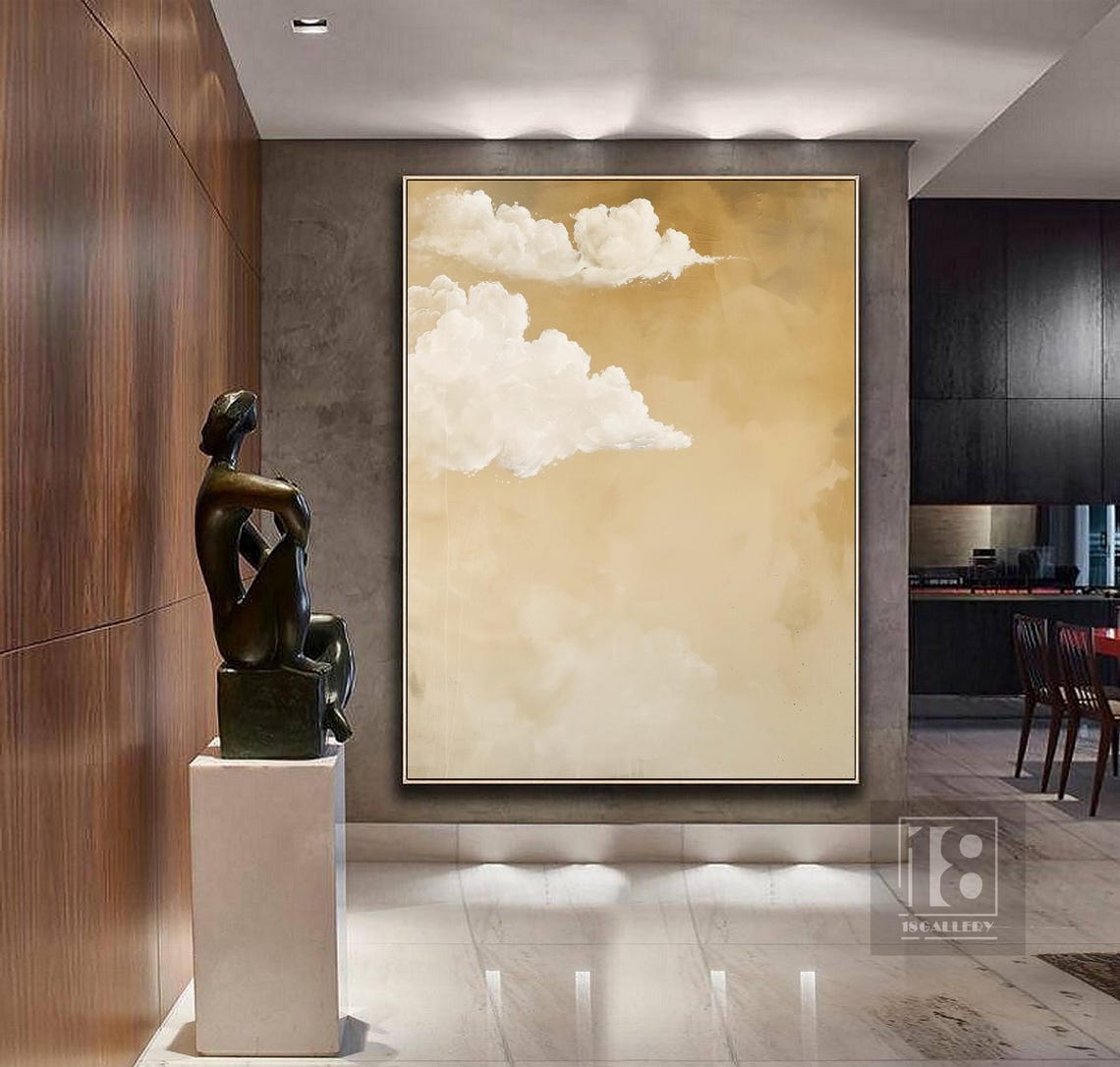 Large White Cloud Abstract Painting Neutral Beige White Wall Decor Modern Texture Wall Art Framed Oil Painting Living Room Wall Art - Image 4