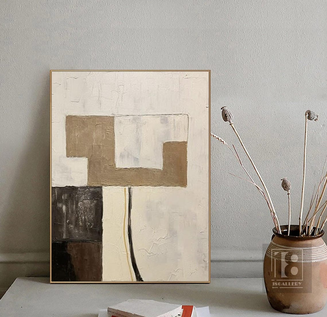 Large Creamy Beige White Abstract Geometric Oil Painting Modern Wabi Sabi Wall Art White And Gold Minimalist Wall Art Textured Painting - Image 3