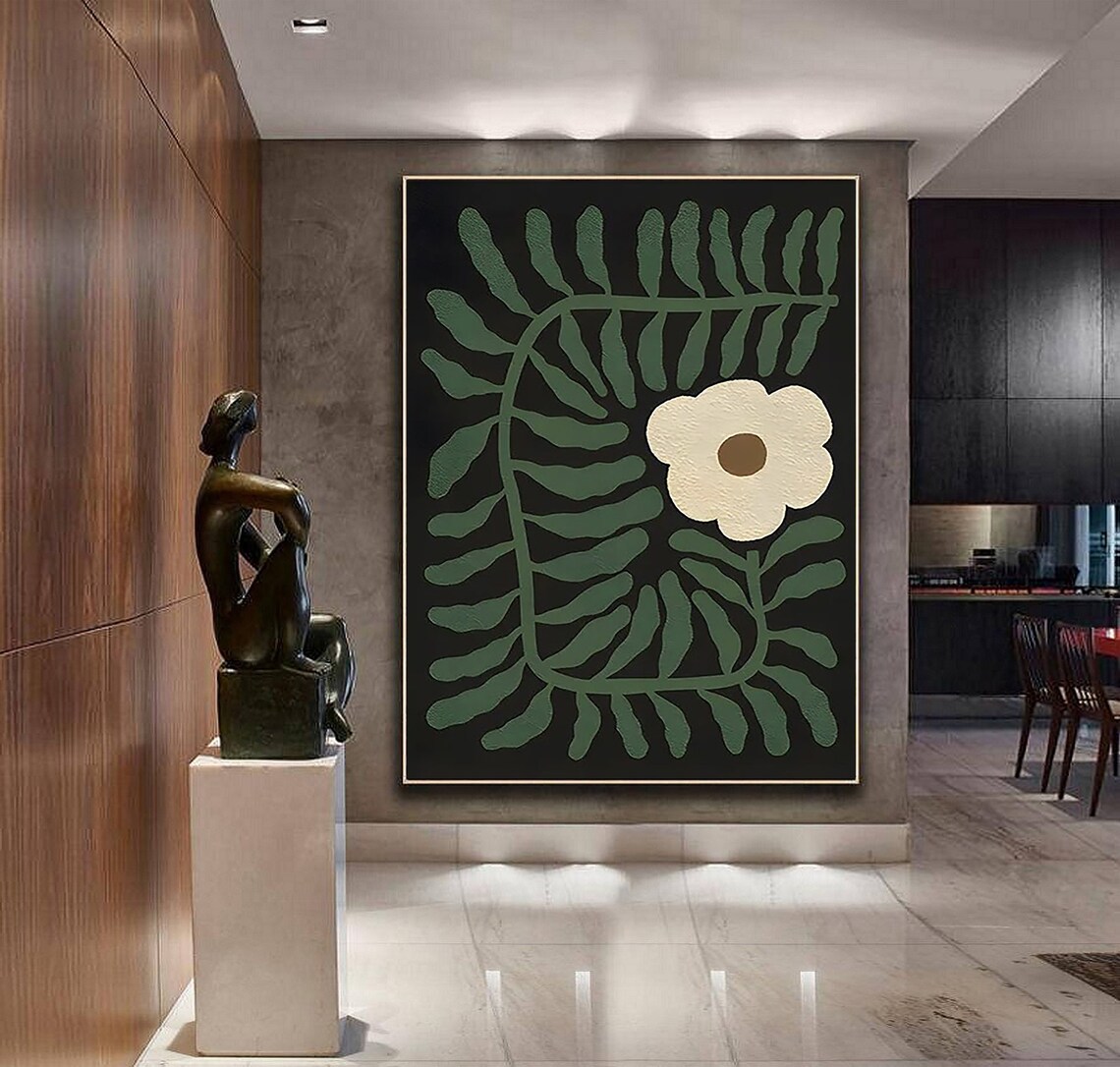Cream Flower and Green Fern Arch on Black Botanical Art Poster - Image 2
