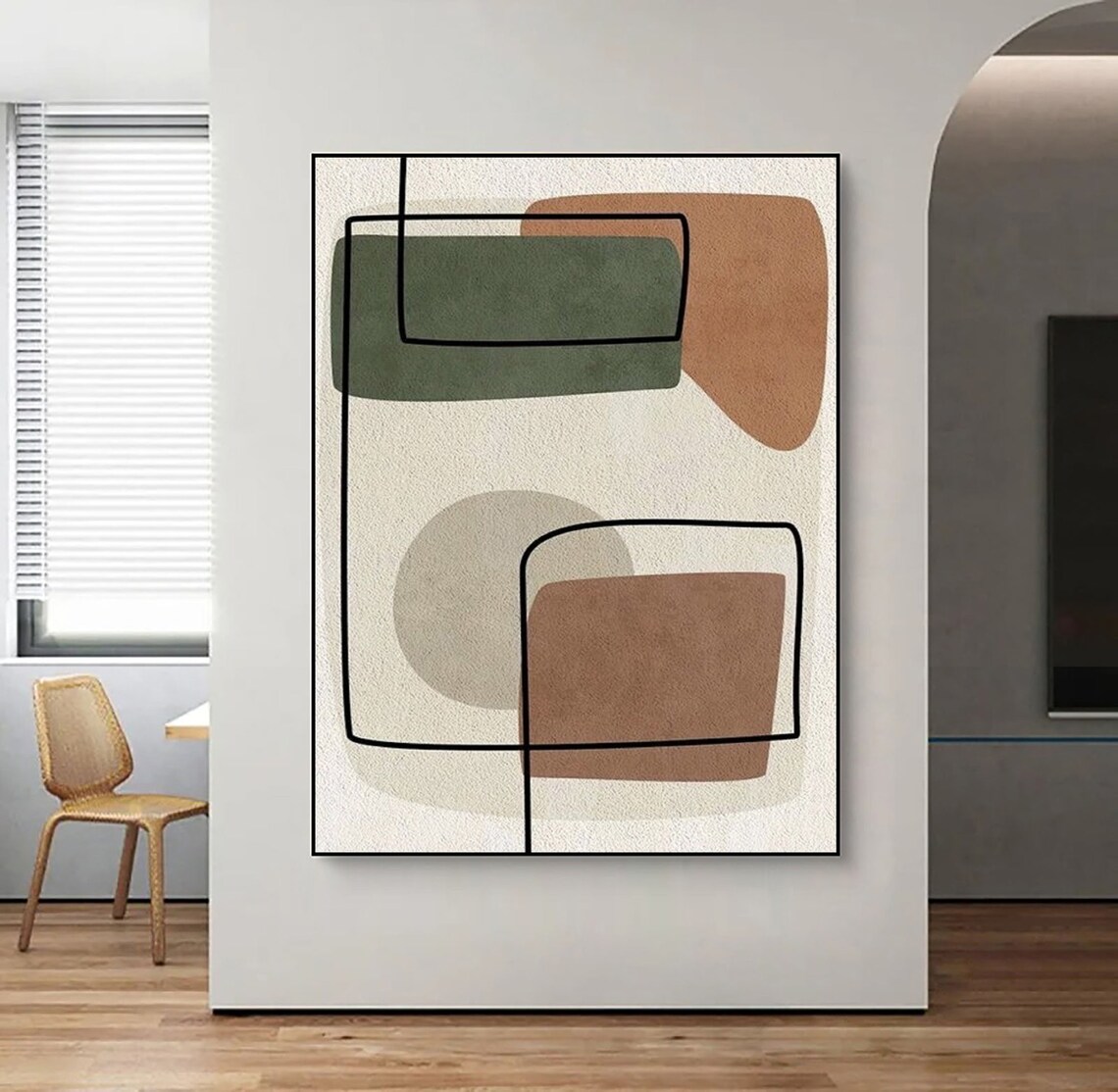 Green Brown Blocks Line Outline Mid Century Framed Art Poster - Image 5