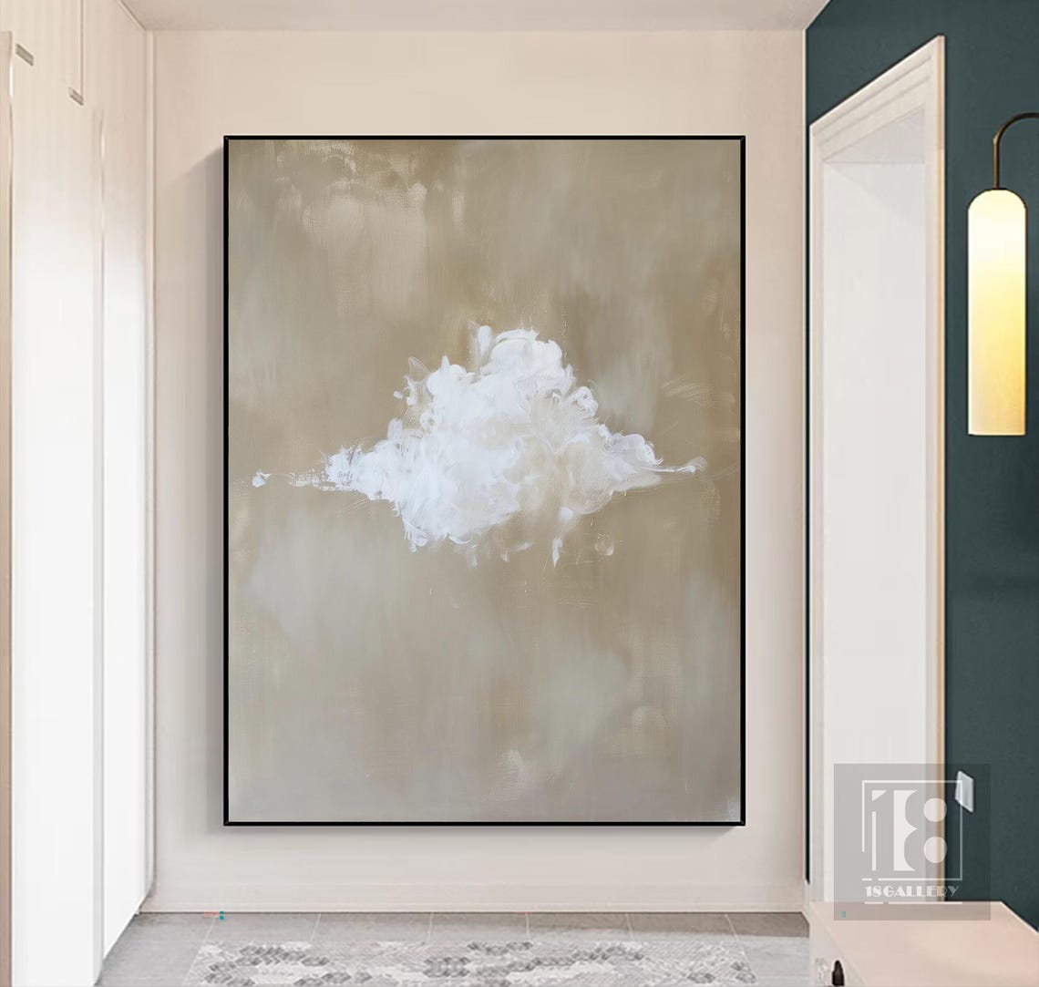 Horizontal Drifting White Cloud on Soft Beige Abstract Art Poster - Image 3