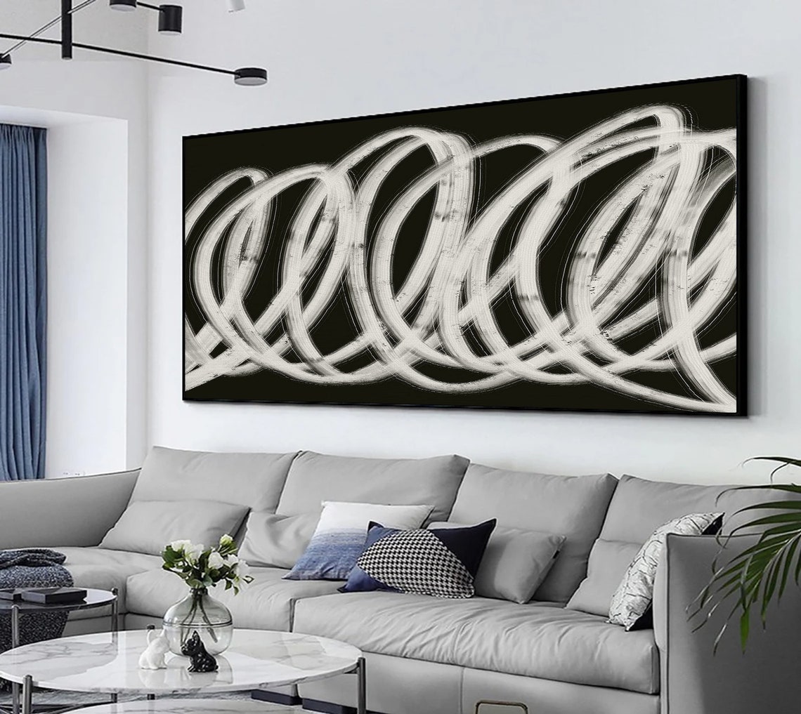 White Looped Brush Circles On Black Abstract Modern Art Poster - Image 5