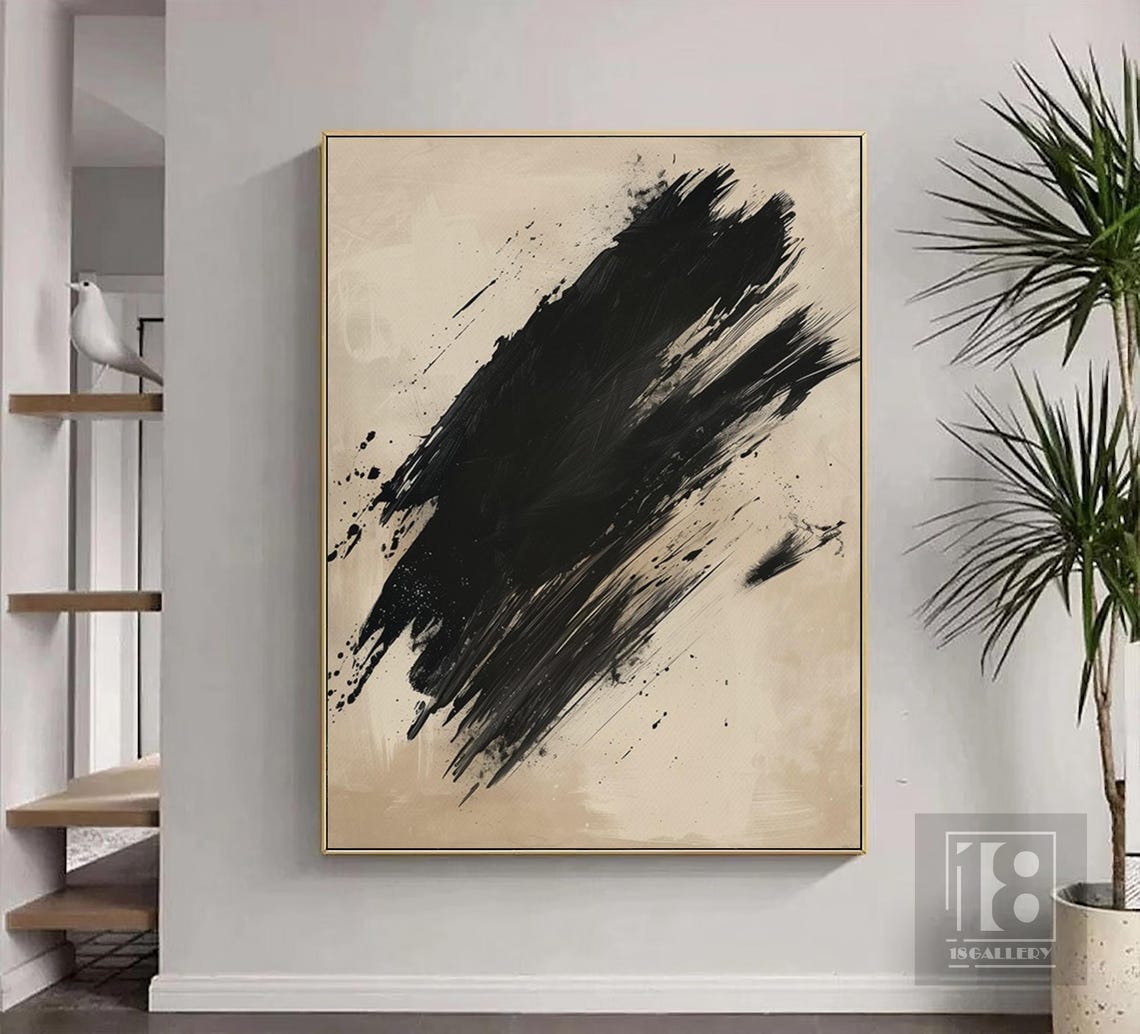 Bold Diagonal Black Brushstrokes on Warm Beige Abstract Poster - Image 5