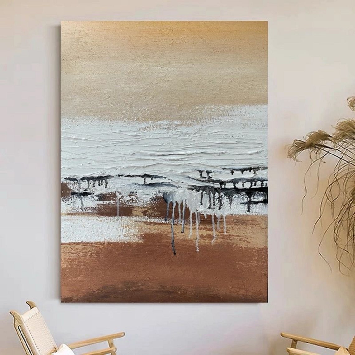 Brown And White Abstract Painting On White Wall Art White Textured Painting Brown Painting Beige White Abstract Wall Art - Image 5