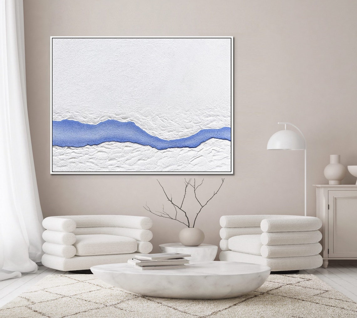 Large White Abstract Painting On Wall Art White Minimalist Painting White Textured Wall Art Blue River Abstract Painting - Image 5