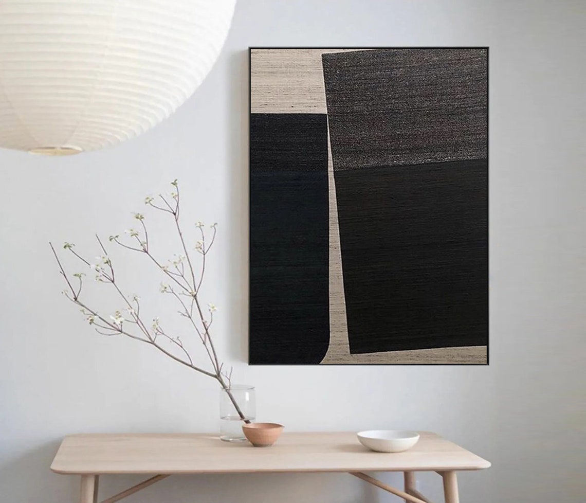 Dark Charcoal Black Blocks Beige Stripe Modern Abstract Poster - Image 5