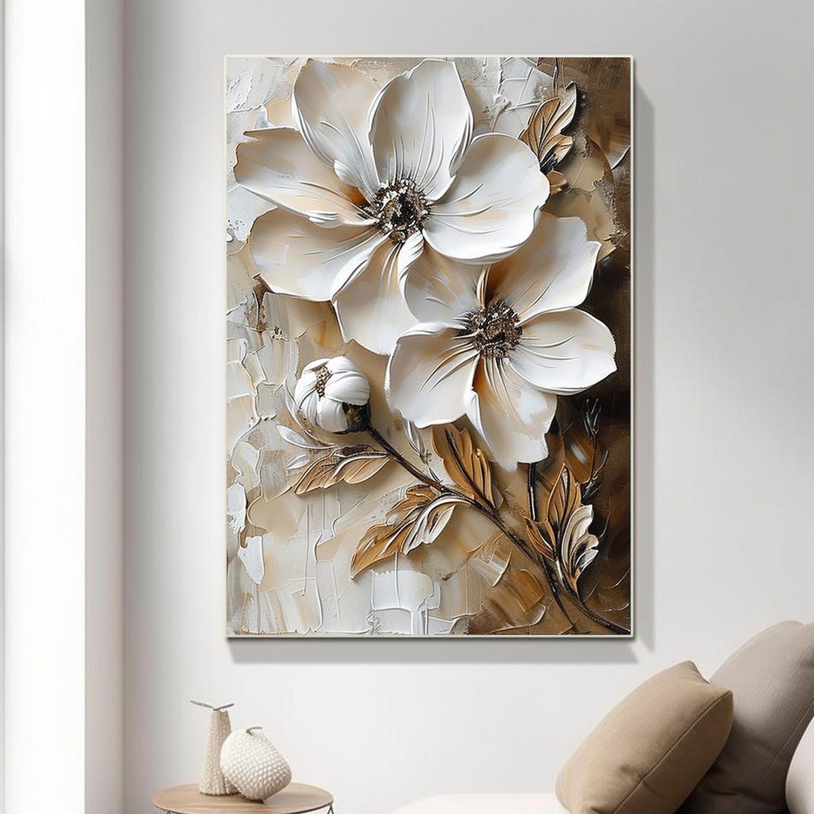 Twin White Blooms Bronze Leaves Cream Textured Floral Art Poster - Image 5